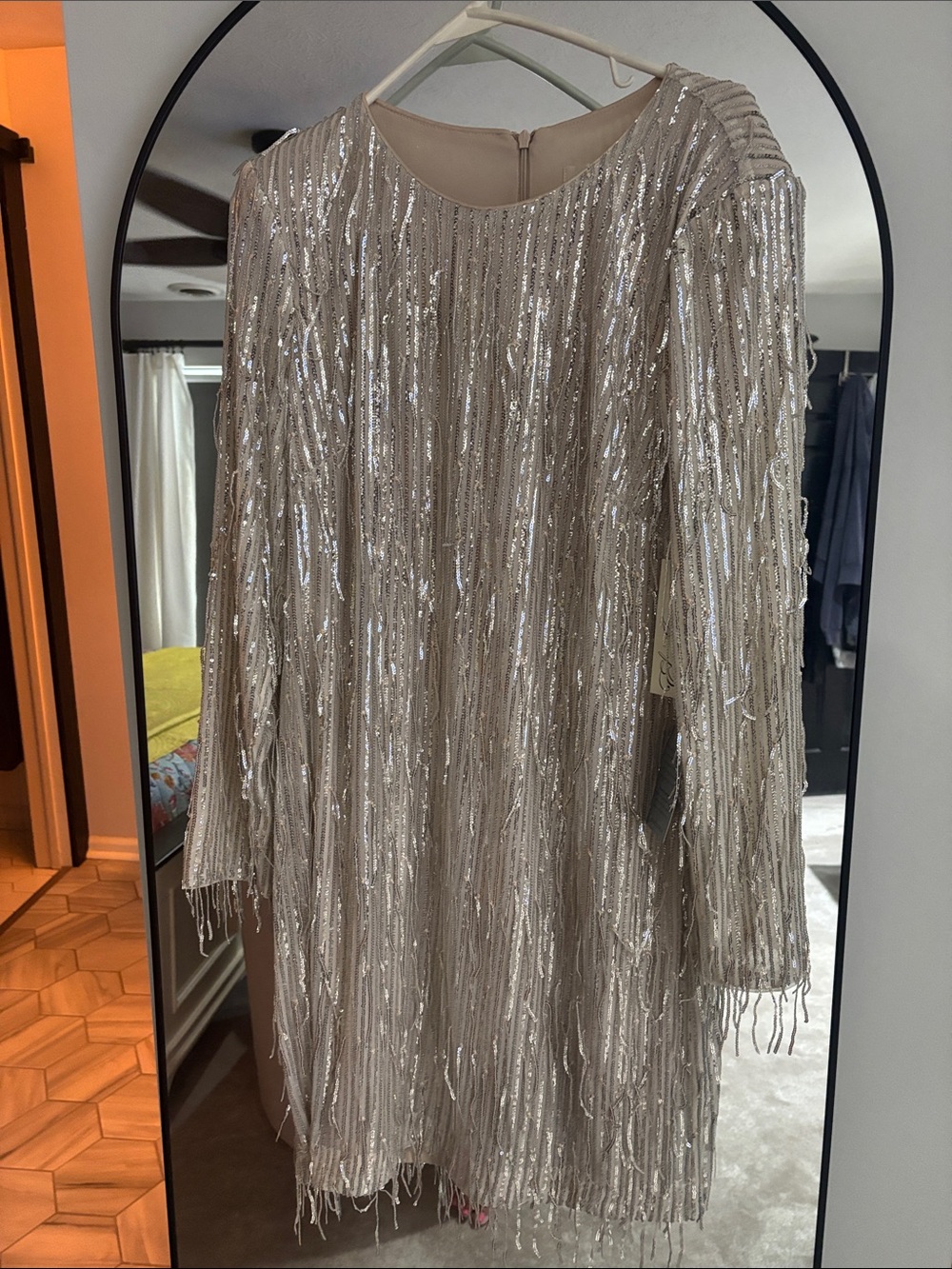 Eliza J Champagne Sequin Fringe Long Sleeve Cocktail Dress